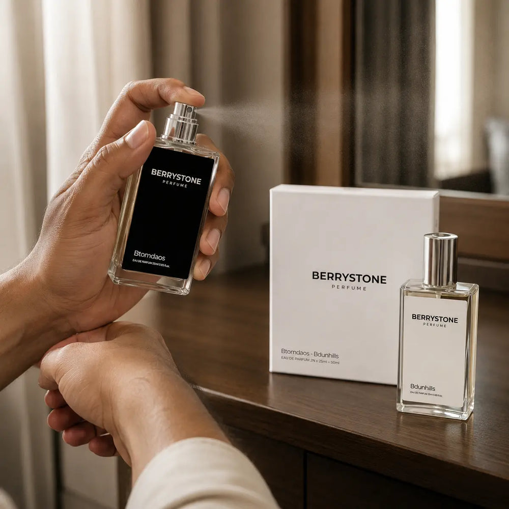 Applying Berrystone perfume to the wrist